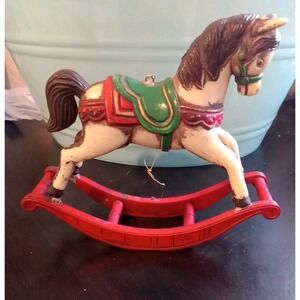 CHRISTMAS ORNAMENT White Rocking Horse Vtg  5" tall
